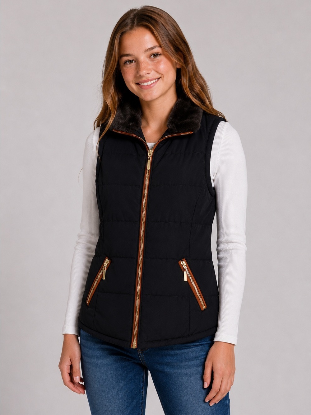 Copper Key Girls Black Puffer Vest Faux Fur Collar Gold Zip Pockets Size Medium